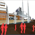 Modern Commercial Street With Pedestrians Covered Walkway Wooden Structures And Glass Facades