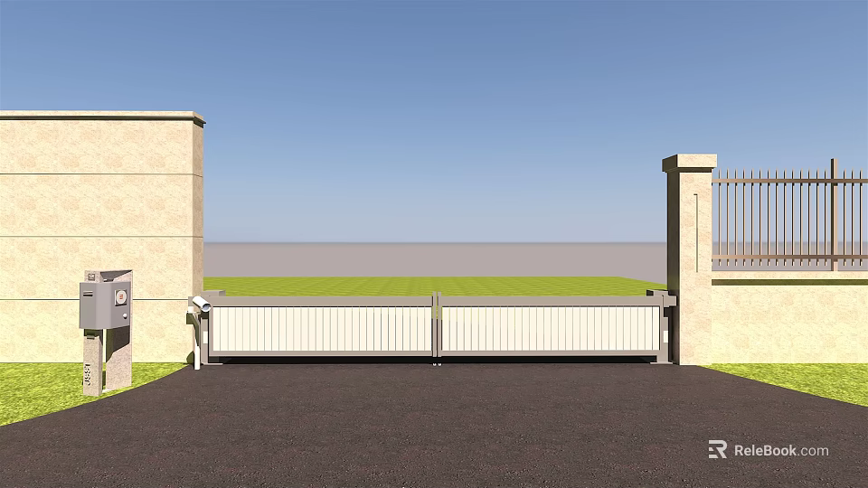 Modern Entrance Gate With Stone Pillars Metal Railings And Green Lawn Driveway 3d model 