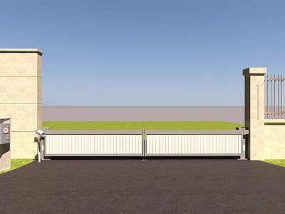 Modern Entrance Gate With Stone Pillars Metal Railings And Green Lawn Driveway 3d model