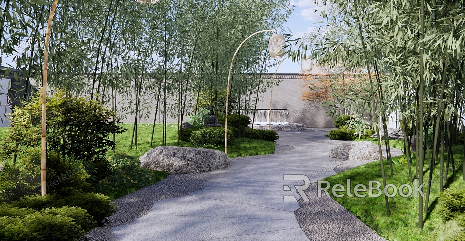 New Chinese Courtyard Residential District Landscape Bamboo Forest with Bamboo Lantern Forest under the House Water View Wall Ice Crack Slab Road model