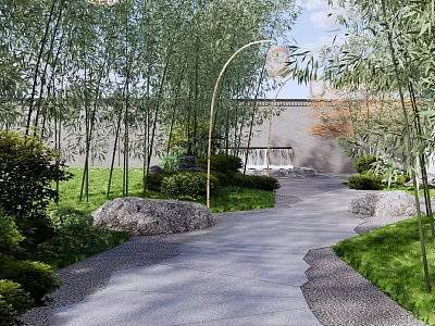 Tranquil Garden Wall with Bamboo Pathway Stones Lush Greenery and Waterfall 3d model