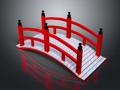 Red Garden Bridge With White Wooden Deck And Railings With Black Finials 3d model