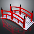 Red Garden Bridge With White Wooden Deck And Railings With Black Finials
