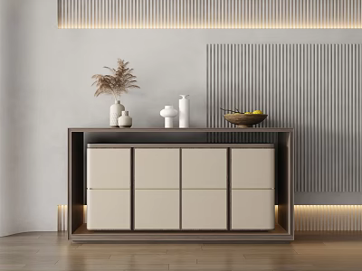 Modern Sideboard With Beige Doors Dark Wood Frame Vases Pampas Grass Fruit Bowl On Top 3d model