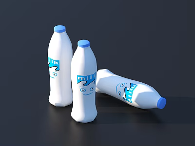Three White Beverage Bottles With Blue Caps PUL Graphics And One Lying On Dark Background 3d model