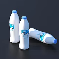 Three White Beverage Bottles With Blue Caps PUL Graphics And One Lying On Dark Background 3d model