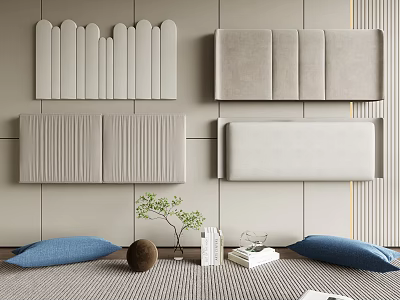 Modern Upholstered Headboard Designs With Blue Pillows Small Plant And Books 3d model