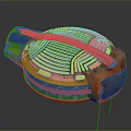 Orange Abstract 3D Model Featuring Circular Structure And Intricate Mesh Patterns