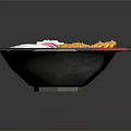 Fried Eggs And Yellow Food Items On Red Plate With Green Leaves And Red Chopsticks
