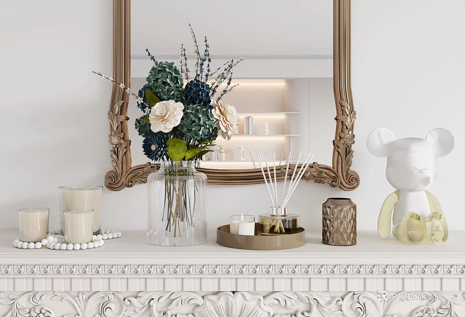 Decorative Ornament Set On White Mantelpiece With Vase Flowers Scented Diffuser And Bear Figurine 3d model 