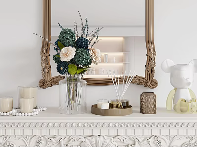 Decorative Ornament Set On White Mantelpiece With Vase Flowers Scented Diffuser And Bear Figurine 3d model