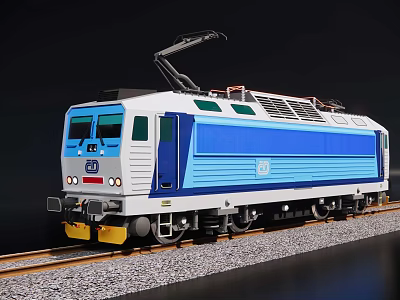 Blue And White Electric Train Model On Railway Track With Detailed Design 3d model
