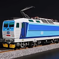 Blue And White Electric Train Model On Railway Track With Detailed Design