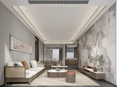 Modern Living and Dining Room Interior With Wooden Sofa Marble Wall Coffee Table and Dining Chairs 3d model