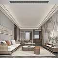 Modern Living and Dining Room Interior With Wooden Sofa Marble Wall Coffee Table and Dining Chairs