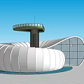 Modern Cultural Center With White Curved Structure Glass Curtain Wall And Top Platform