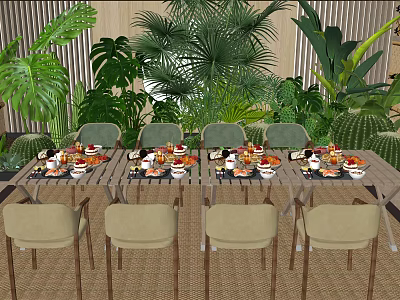Dining Table And Chairs Set Surrounded By Lush Green Plants With Food 3d model