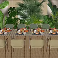 Dining Table And Chairs Set Surrounded By Lush Green Plants With Food