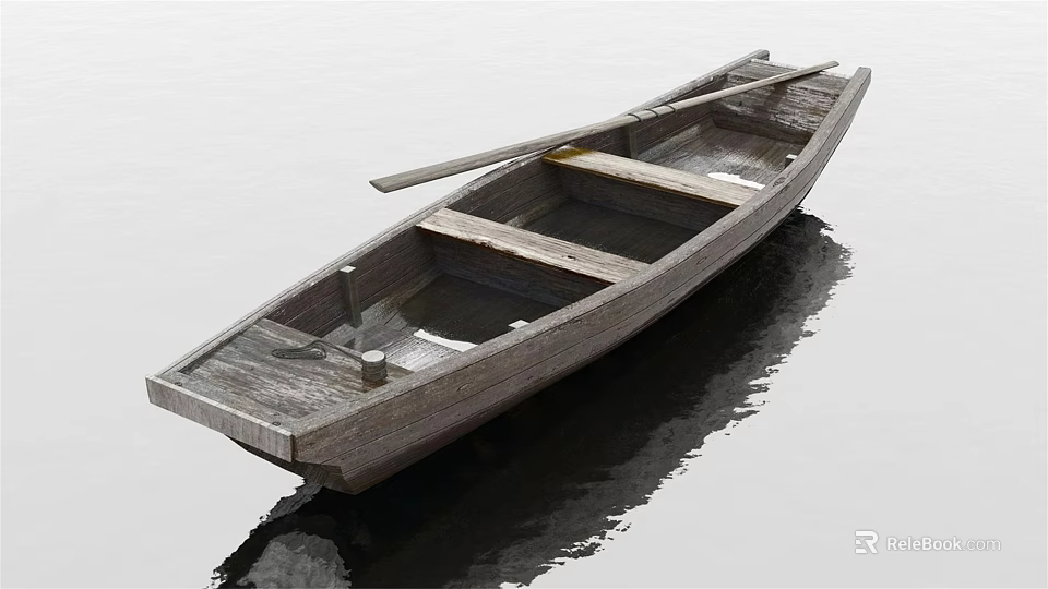 Classic Wooden Boat On Calm Water Surface With Wooden Oar Natural Wood Structure And Reflections 3d model 