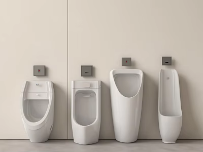 White Urinals With Different Designs Mounted On Light Colored Wall Featuring Silver Flush Buttons 3d model