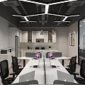 Modern Office Interior With Marble Reception Desk Company Logo Open Layout Hanging Lights And Workspace