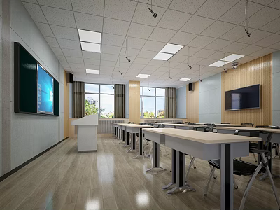 School Modern Classroom With Multimedia Screen Desks And Projector Setup 3d model