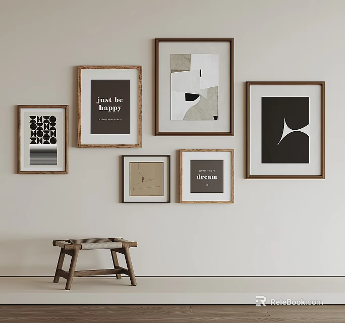Abstract Paintings With Wooden Frames Geometric Patterns And Text Elements Hung On Wall 3d model