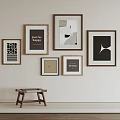 Abstract Paintings With Wooden Frames Geometric Patterns And Text Elements Hung On Wall 3d model