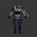 Sci Fi Game Character Wearing Purple Armor With Helmet Blue Glowing Accents And Large Weapon