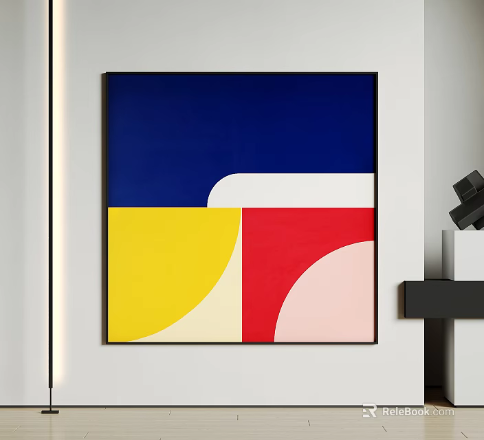 Minimalist Abstract Painting With Blue Yellow Red White Geometric Shapes Wall Mounted Design 3d model 