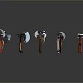 Various Axes With Colorful Handles And Diverse Designs Arranged On Dark Background