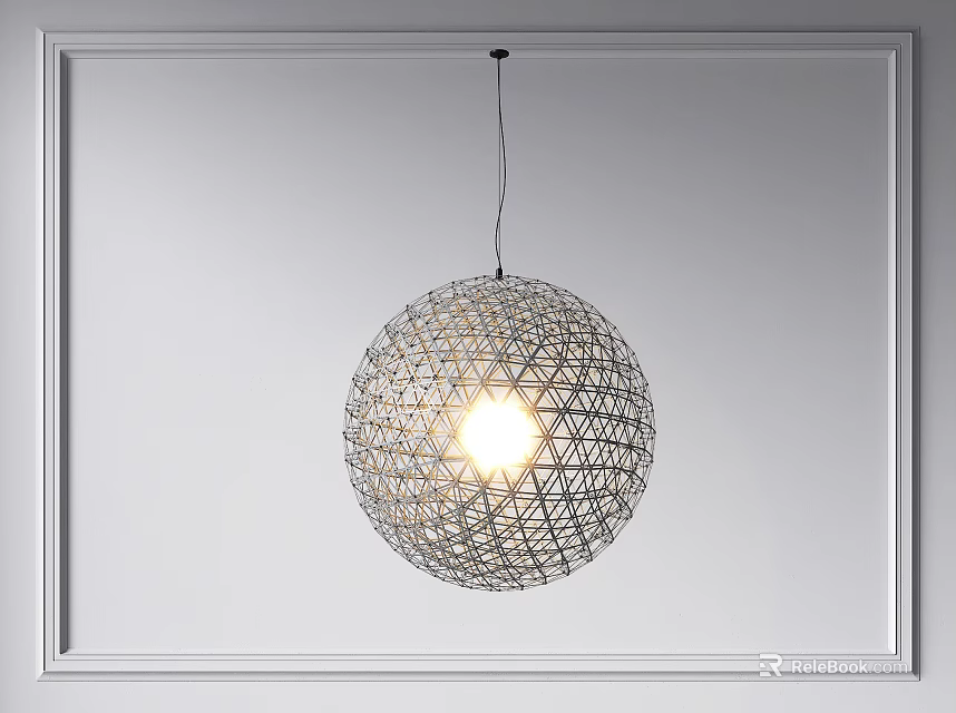 Spherical Woven Mesh Pendant Light Illuminating Light Colored Wall With Frame 3d model 