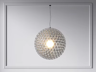 Spherical Woven Mesh Pendant Light Illuminating Light Colored Wall With Frame 3d model