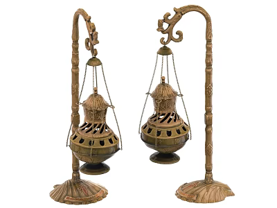 Two Vintage Bronze Lanterns With Curved Stands And Decorative Bases 3d model