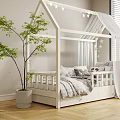 White House Shaped Children's Bed With Star Decorations Curtains Gray Bedding Pillows And Green Plant