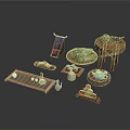 Traditional Chinese Tea Ceremony Setup With Wooden Tray Teapot Fruits And Vegetables