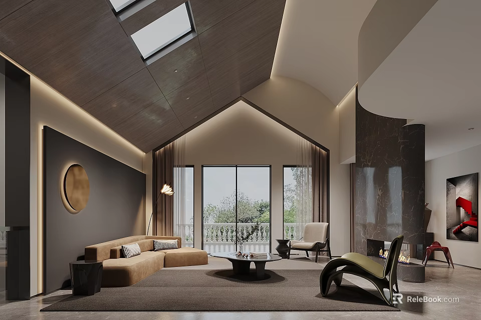 Modern Living Room Interior With Wooden Ceiling Skylight Floor to Ceiling Windows Sofa And Fireplace 3d model 