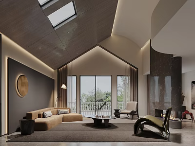 Modern Living Room Interior With Wooden Ceiling Skylight Floor to Ceiling Windows Sofa And Fireplace 3d model