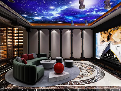 Home Theater Room Interior With Starry Sky Ceiling Comfortable Sofa Circular Carpet And Large Screen 3d model