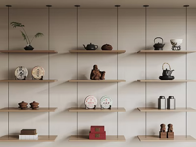 Organized Wall Mounted Wooden Shelves Displaying Tea Sets Decorative Figurines and Books 3d model