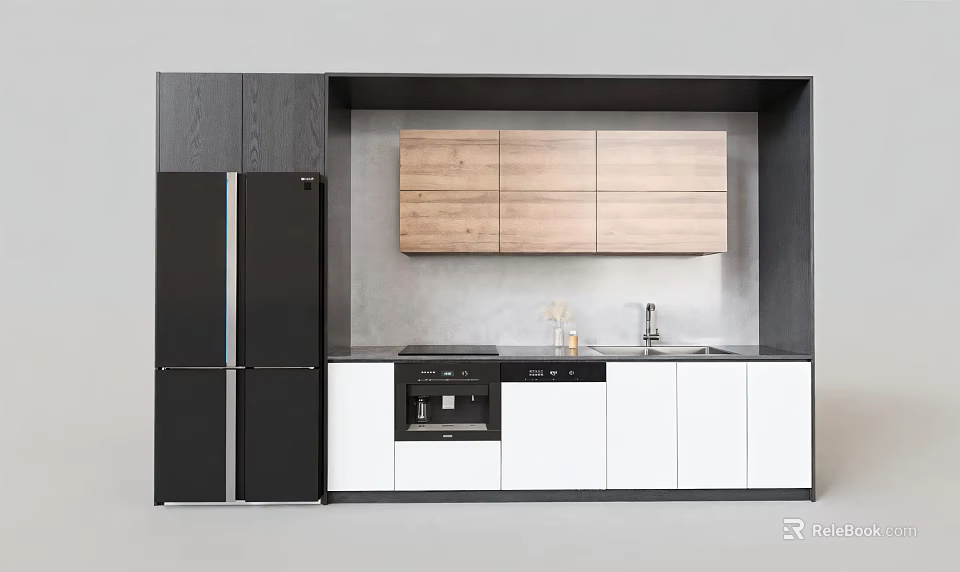 Modern Kitchen Interior Featuring Black White Cabinets Wooden Upper Storage And Appliances 3d model 
