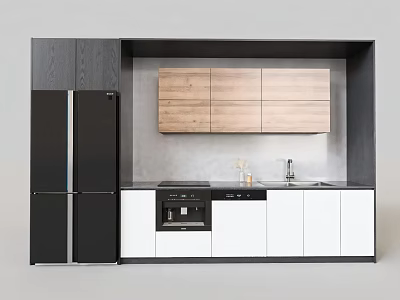 Modern Kitchen Interior Featuring Black White Cabinets Wooden Upper Storage And Appliances 3d model