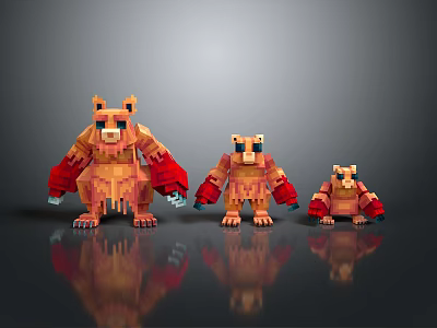 Pixel Style Bear Like Game Characters In Three Different Sizes With Orange Red Colors 3d model
