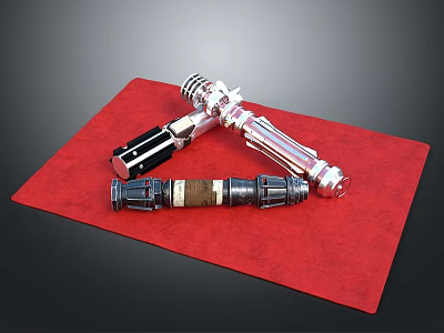 Two Unique Lightsabers With Different Hilt Designs Placed On Red Mat Surface 3d model