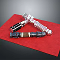 Two Unique Lightsabers With Different Hilt Designs Placed On Red Mat Surface