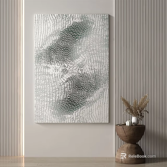 Abstract Green White Textured Wall Art Hanging With Decorative Vase And Plants 3d model 