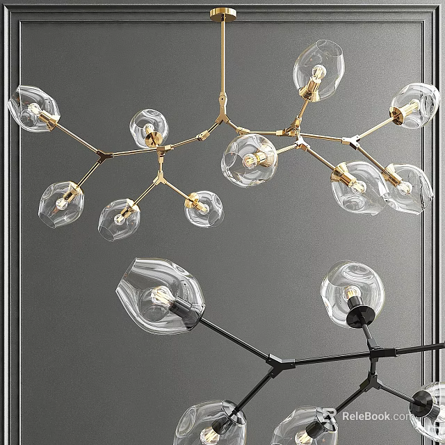 Modern Chandelier With Clear Glass Globes And Gold Black Branch Frame Design 3d model 