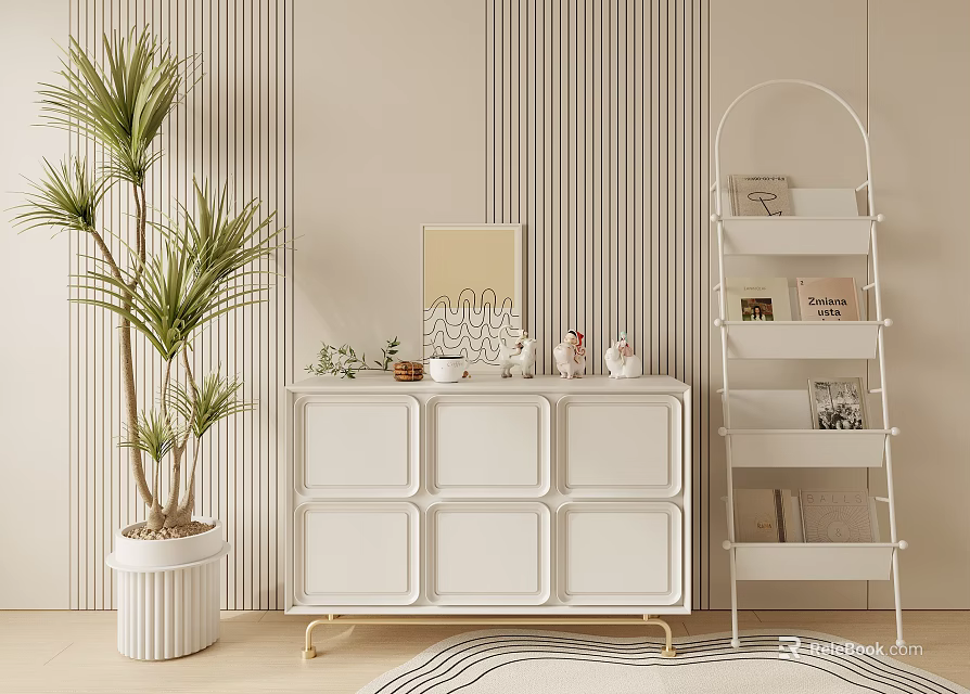 Modern Elegant White Decorative Cabinet With Potted Plant Artwork And Ladder Shelf 3d model 