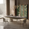 Marble Tea Table And Modern Chairs With Floor To Ceiling Windows And Chandelier