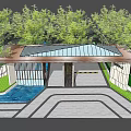 Modern Entrance Gate Design With Canopy Wooden Slats Water Pool And Trees